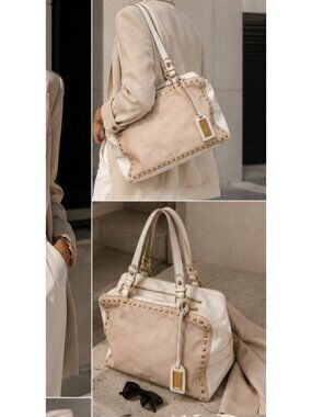 Badgley Mischka Studded Leather Shoulder Bag Cream Ivory Gold Convertible Purse